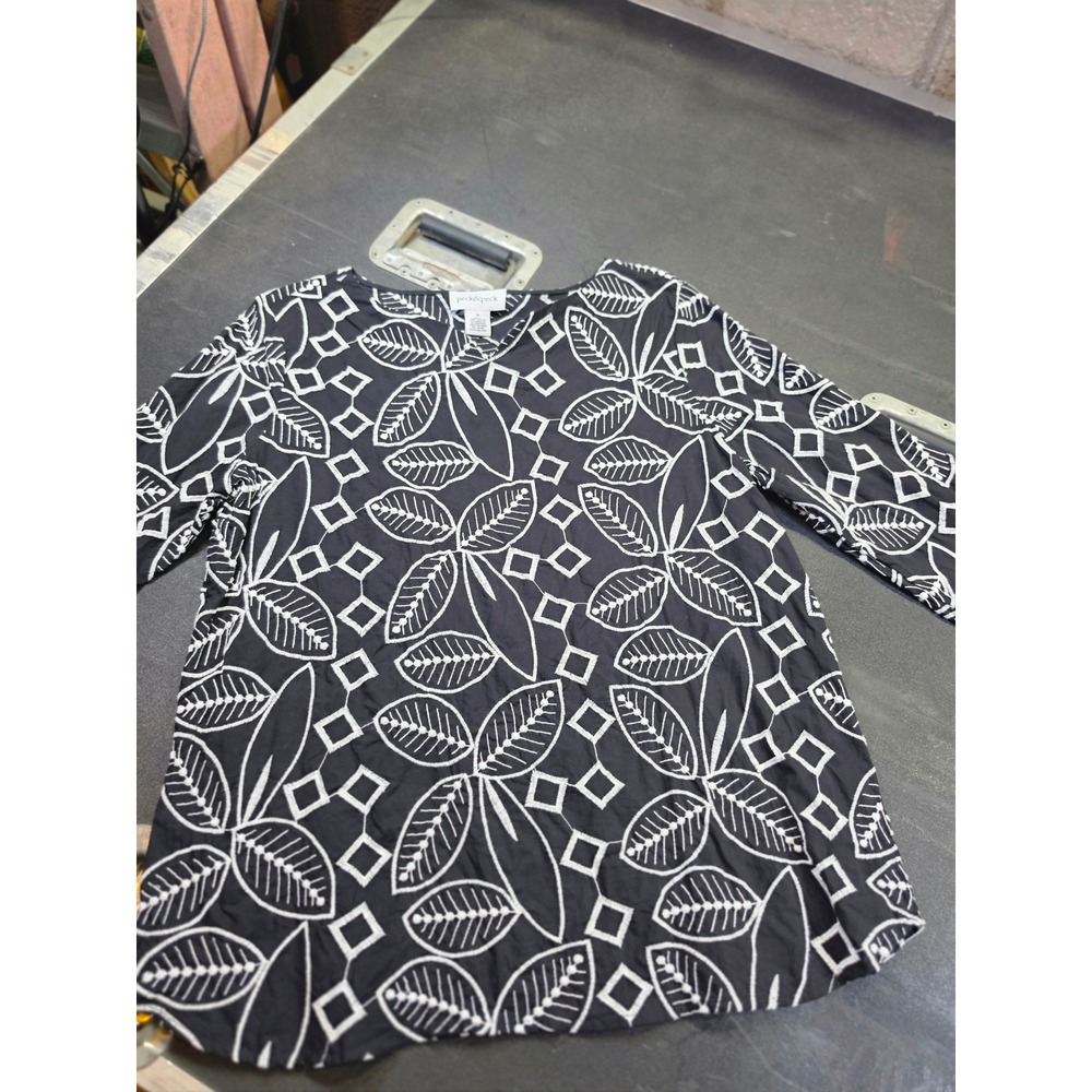 Peck & Peck Womens Black White Embroidered Leaf Cotton Blouse 3/4 Sleeve Size M